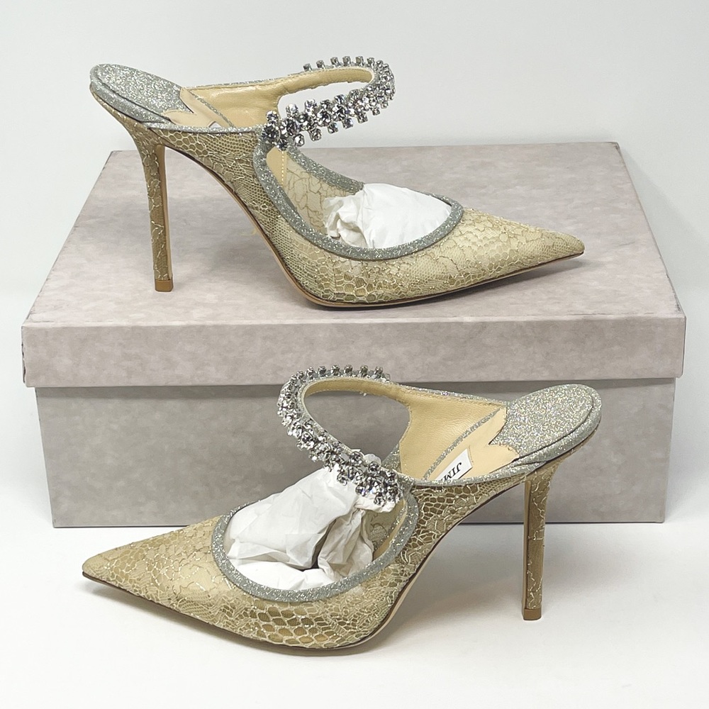 SOLD Jimmy Choo Bing 100 Lace a Ivory / Platinum Mule Heels EU 37.5